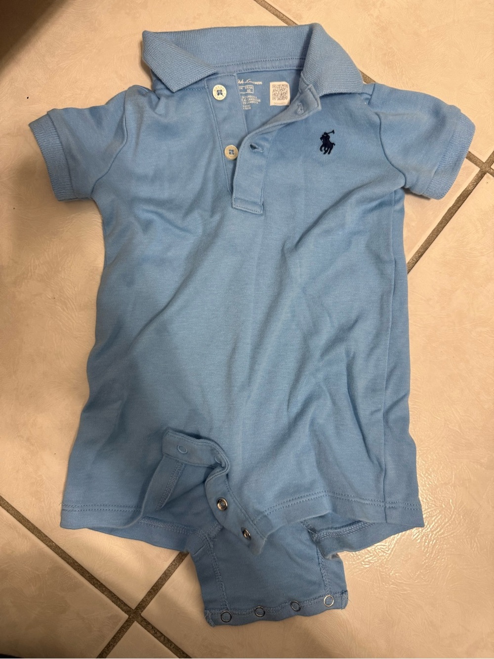 Ralph Lauren Boys Light Blue Polo Romper with Navy Pony